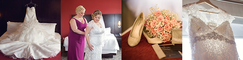 collage of wedding photos in C Hotel honeymoon suite
