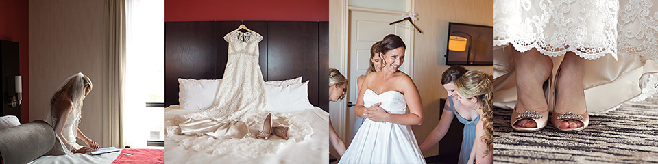 collage of wedding photos in C Hotel honeymoon suite