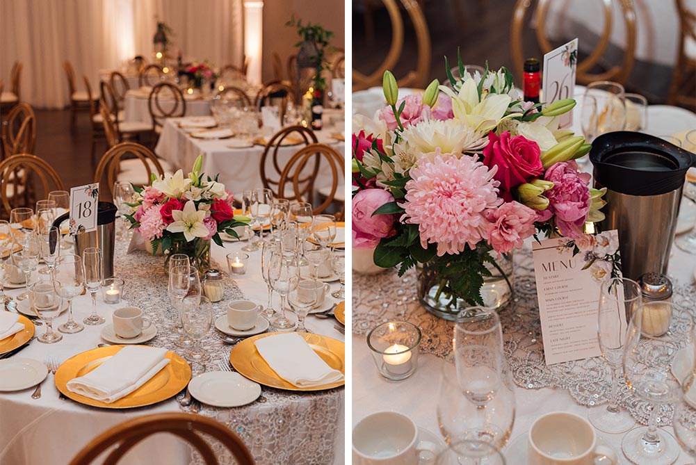close up of wedding reception decor with pink florals and gold charger plates