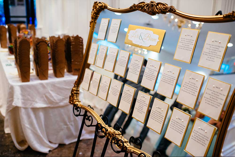 close up of seating chart on gold framed mirror