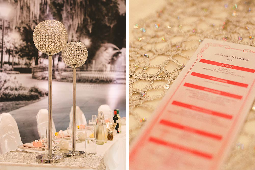 close up of wedding table decor with rhinestone globe centerpieces and sequin lace table runners