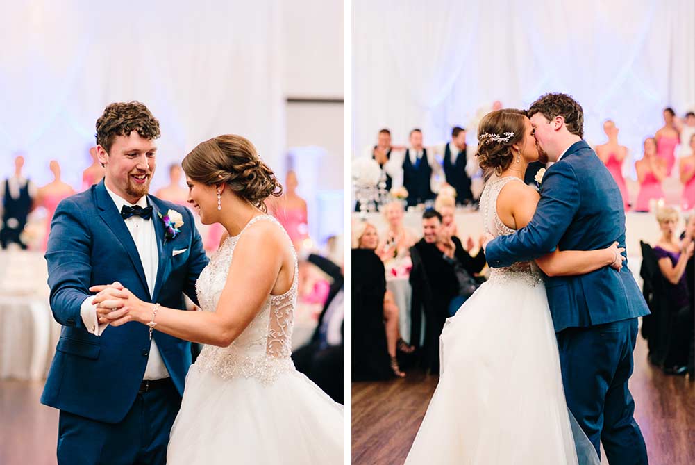 bride and groom dancing as guests watch