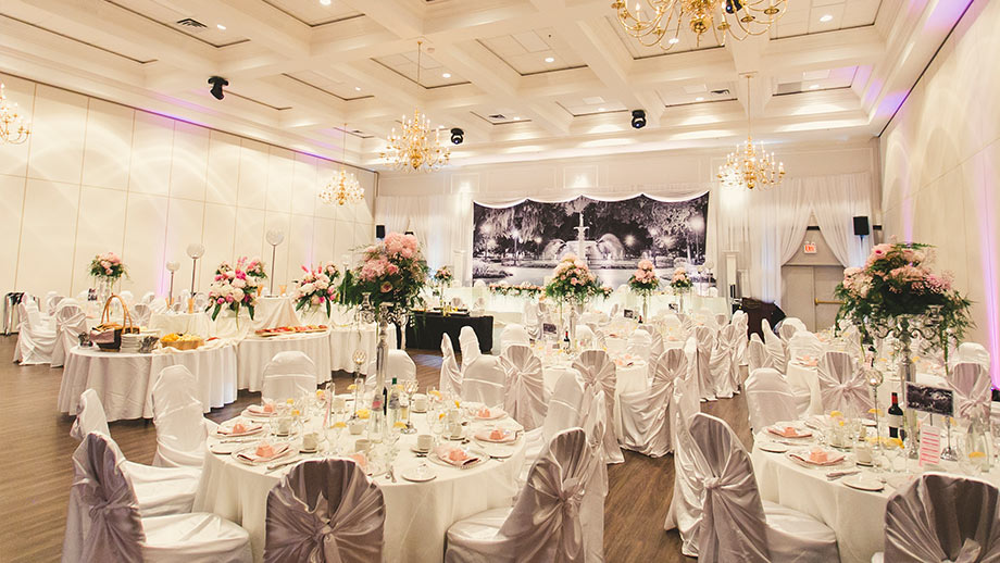 wide angle shot of wedding reception set up in Carmen's Milano Ballroom
