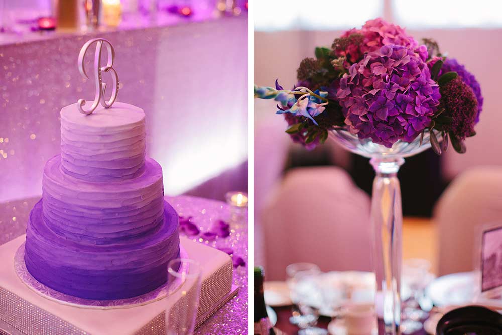 close up of purple ombre wedding cake